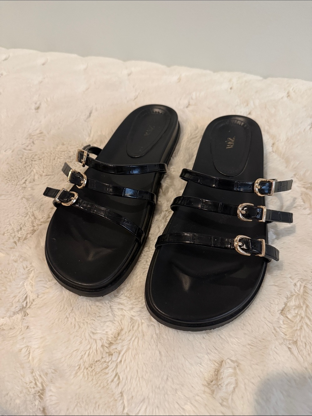 Zara Black Triple-Strap Sandals with Gold Buckles